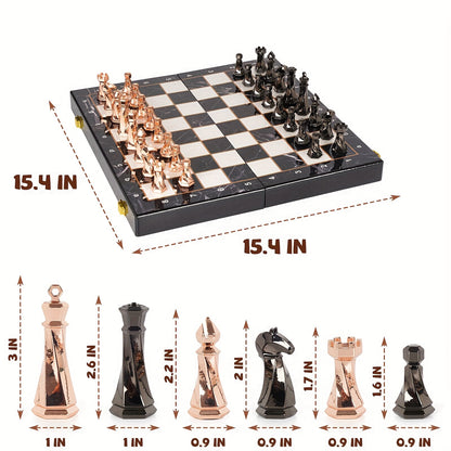 Metal Chess Set for Adults, 15" Wooden Chess Board with Modern Metal Chess Pieces Travel Chess Sets with Metal Chessmen, Collectible Elegant Chess Game, Family Vintage Board Game, Marbled Chess Board