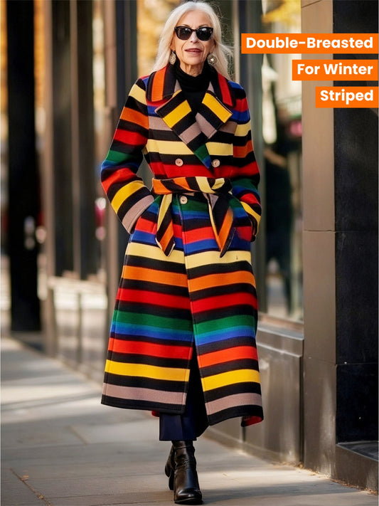 Oversized Rainbow Striped Trench Coat - Women's Winter Long Coat - Double Breasted with Belted Waist & Statement Sleeves - Multicolor Horizontal Stripes (Red/YellowGreen/Orange/Pink) - Elegant H-Line Silhouette for Christmas,
