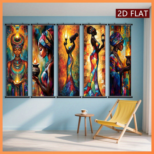 Positive And Lively Style 2D/Flat-5pcs Set of Decorative Canvas Paintings with African Tribal Features, with Plastic Frame Hooks, Easy to Hang, Suitable for Corridor And Living Room Wall Decoration, Art Works, Home Gifts, 2D