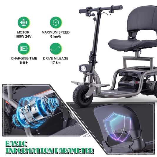 Lightweight foldable three-wheeled scooter, compact mobility scooter for seniors, with removable battery, swivel seat, foldable handlebars, LED light, 300-pound load capacity.