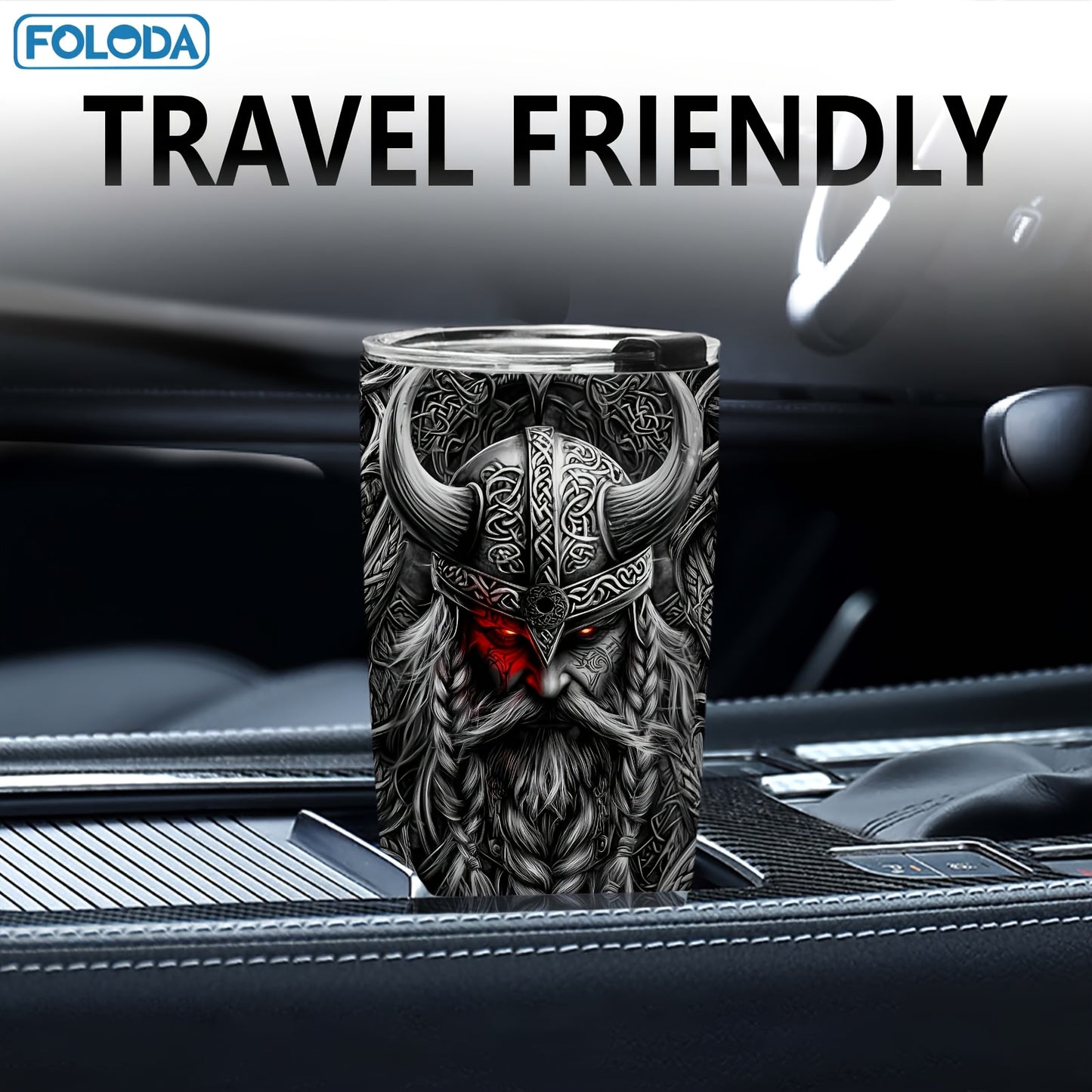 Foloda 20oz Viking Stainless Steel Tumbler with Leak-Proof Lid & Straw, BPA-Free Insulated Travel Mug, Oval Ergonomic Grip, Norse Warrior Design for Hot/Cold Drinks - Durable Outdoor Drinkware, Bpafree Material
