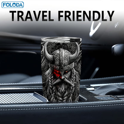 Foloda 20oz Viking Stainless Steel Tumbler with Leak-Proof Lid & Straw, BPA-Free Insulated Travel Mug, Oval Ergonomic Grip, Norse Warrior Design for Hot/Cold Drinks - Durable Outdoor Drinkware, Bpafree Material