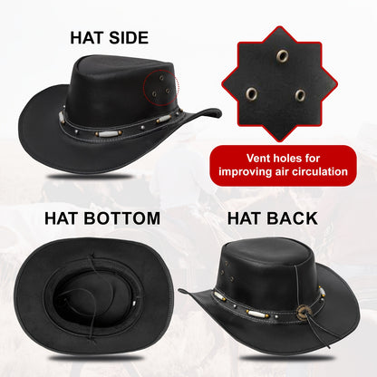 Black Leather Cowboy Hat for Men & Women - Shapeable Wide Brim, Aussie Style Leather Hat - Western Australian Outback Hat - For Outdoor Activities & Western Events - Perfect Gift for Cowboys & Cowgirls