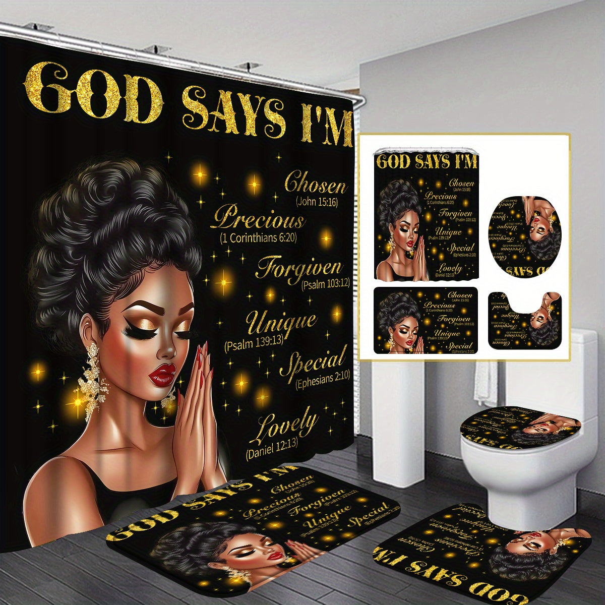 4pcs God Says I Am Bathroom Shower Curtain Sets, Praying African American Woman Shower Curtain Sets With Rugs, Inspirational Quotes Shower Curtain Set, With 12 Hooks, Bath Mat, U-shaped Bath Mat And Toilet Seat Cover, Decorat
