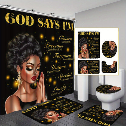 4pcs God Says I Am Bathroom Shower Curtain Sets, Praying African American Woman Shower Curtain Sets With Rugs, Inspirational Quotes Shower Curtain Set, With 12 Hooks, Bath Mat, U-shaped Bath Mat And Toilet Seat Cover, Decorat