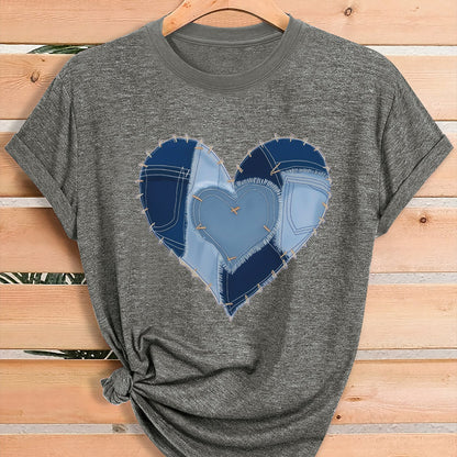 Women'S Fashion Graphic Tee, Theme Party Outfit, Local Warehouse Item, T Shirt For Women, Women Clothing Style, Heart Print Casual Top, Comfortable Blend Fabric, Breathable, All-season, Crew Neck, Short Sleeve, Machine Washab