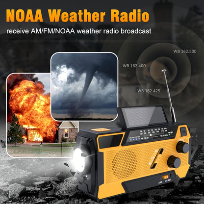 Portable Emergency Radio AM/FM/NOAA Weather Radio, 7400mWh Lithium Battery With Power Bank, Hand Crank And Solar Charging, SOS Alarm, Flashlight For Emergency