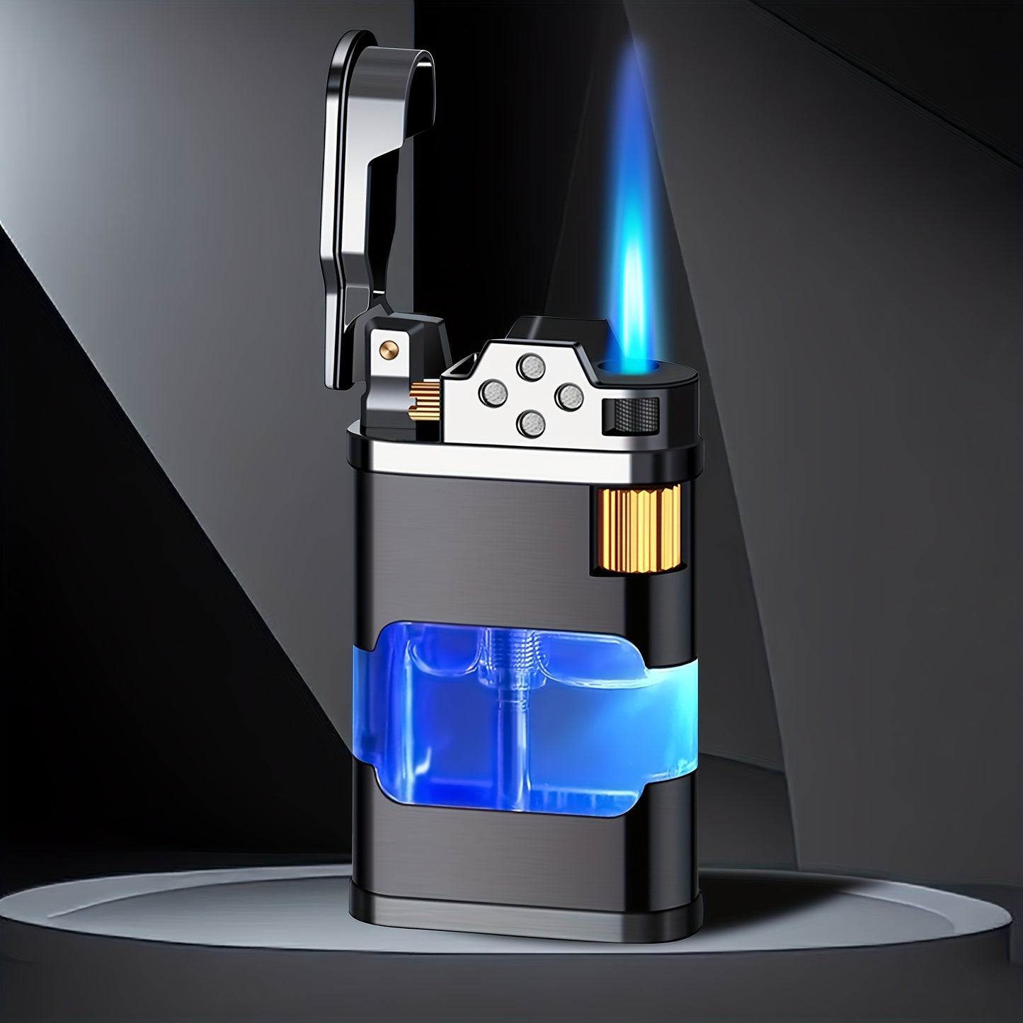 Windproof Blue Flame Butane Lighter with Transparent Gas Chamber & Wheel Ignition - Ergonomic Outdoor Lighter for Camping, Hiking, Candles - Durable Metal Construction, Perfect Gift for Dad, Boyfriend (No Butane Gas Included)