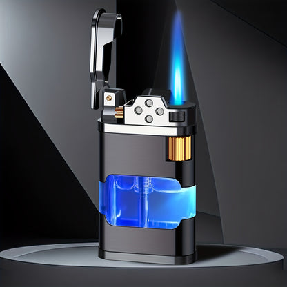 Windproof Blue Flame Butane Lighter with Transparent Gas Chamber & Wheel Ignition - Ergonomic Outdoor Lighter for Camping, Hiking, Candles - Durable Metal Construction, Perfect Gift for Dad, Boyfriend (No Butane Gas Included)