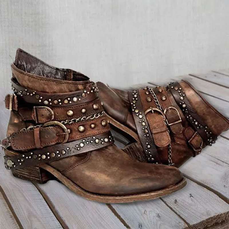 Women'S Chunky Heel Chelsea Boots with Belt Buckle Closure - Slip-Resistant Round Toe Winter Ankle Boots, Pointed Toe & Arch Support, PU Sole & Cushioned Insole, Casual to Semi-Formal Brown Boots for Everyday & Special Occasi