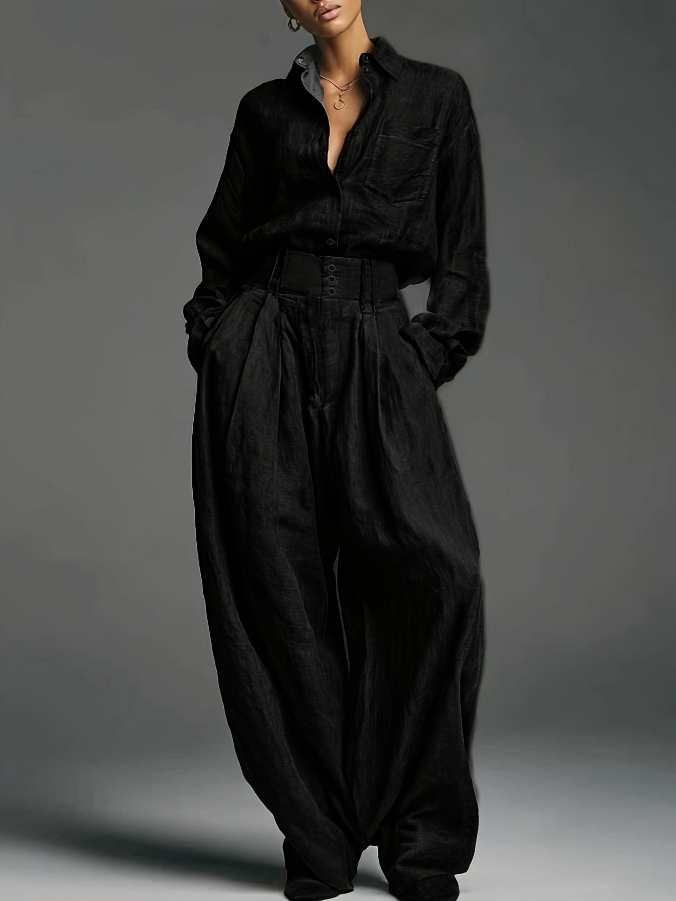 Early Autumn Women'S Fashion Two-Piece Set | Solid Color Shirt and Pants with Casual Style and Fake Buttons Detail