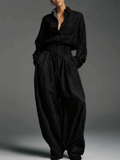 Early Autumn Women'S Fashion Two-Piece Set | Solid Color Shirt and Pants with Casual Style and Fake Buttons Detail