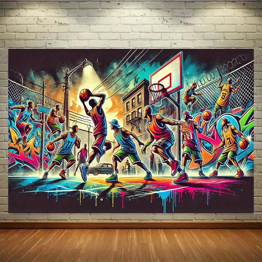 2D Flat, 2D Flat Printing Banner Vibrant Graffiti Basketball Court Wall Tapestry - Streetball Scene Backdrop for Home Decor, Party Banners, and Photo Studio Props - Colorful Urban Art Design for Indoor or Outdoor Use, Party D