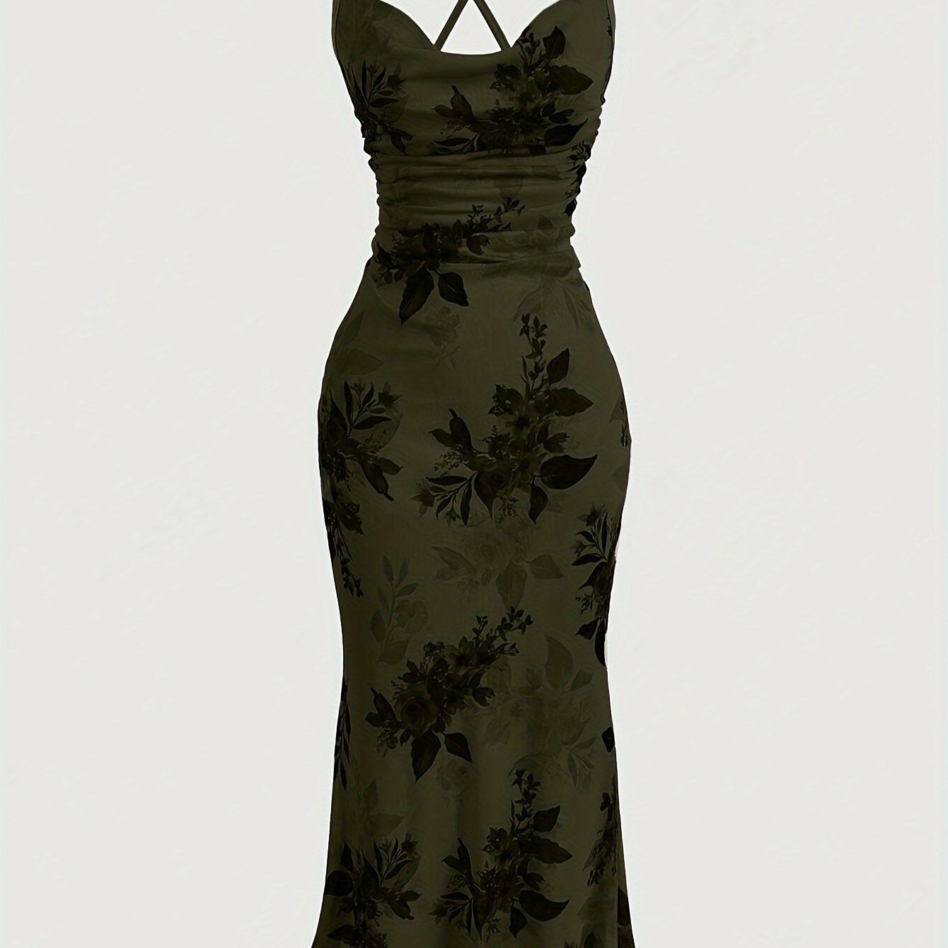 Vintage Elegant Cocktail Party Spaghetti Strap Printed Mesh Midi Dress for Women