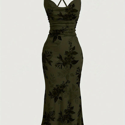 Vintage Elegant Cocktail Party Spaghetti Strap Printed Mesh Midi Dress for Women