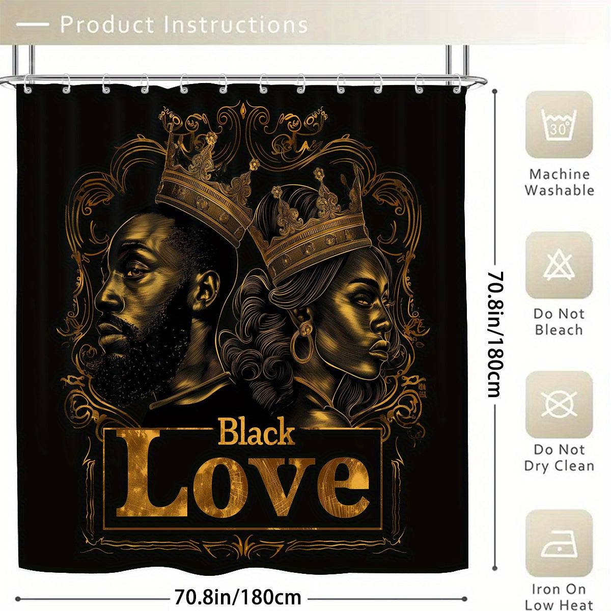 4pcs Black Golden Coronation Ceremony Pattern Printed Shower Curtain Set, Dry and Wet Separation Bathroom Four-piece Set, Home Decoration Shower Curtain with 12 Hooks, Non-slip Mat, U-shaped Toilet Mat, Toilet Seat Mat, Funct