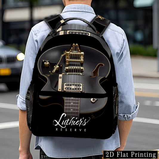 2D Flat, Luthier'S Reserve Electric Guitar Backpack - Stylish Black & Golden 2D Flat Print Design, Adjustable Shoulder Straps, Multiple Pockets, Durable Polyester for Commuting, Travel & Daily Use, Commuting Backpack, 2D Flat