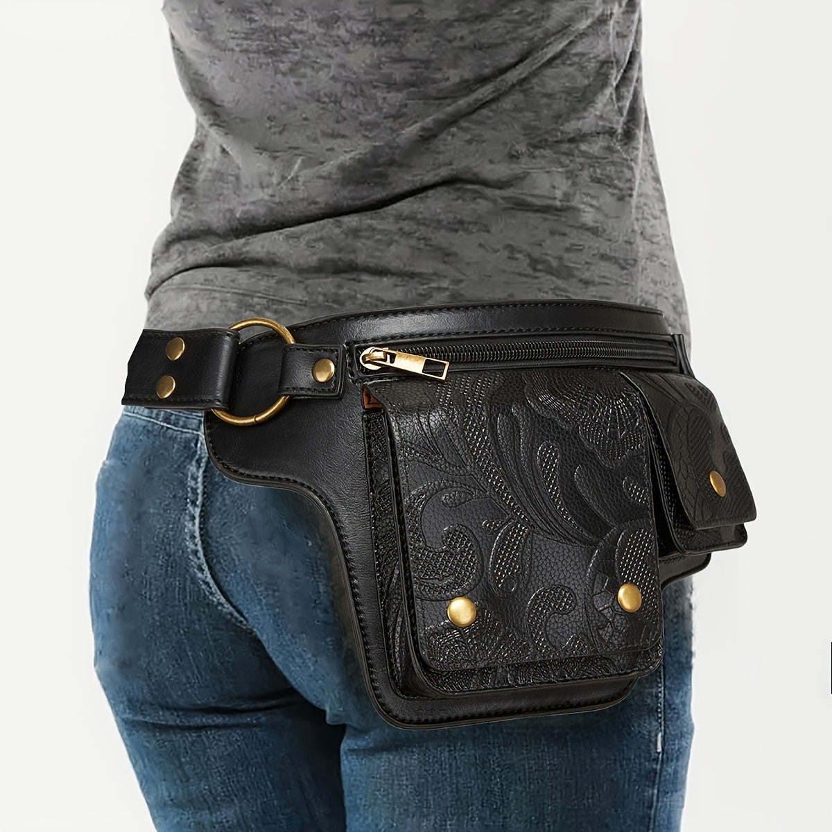Convertible Crossbody Purse - Women's Adjustable Waist Bag with Floral Pattern - Zipper Closure & Snap Button - Synthetic Faux Leather Belt Bag for Everyday, Formal, Travel - Coffee Brown/Black, Crossbody Purse, Everyday Acce