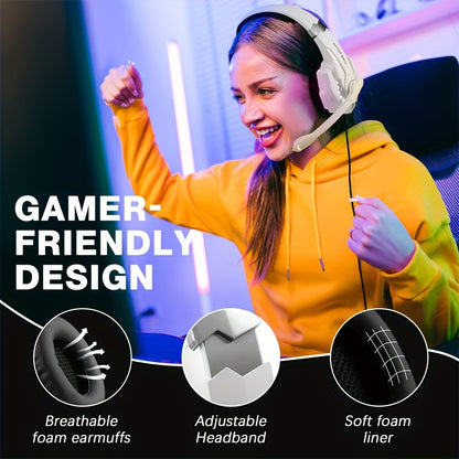 Gaming Headset for PS4 PS5pcs Xbox One Controller, Noise Cancelling Over Ear Headphones with Mic, LED Light, Bass Surround, Soft Memory Earmuffs for Laptop Mac