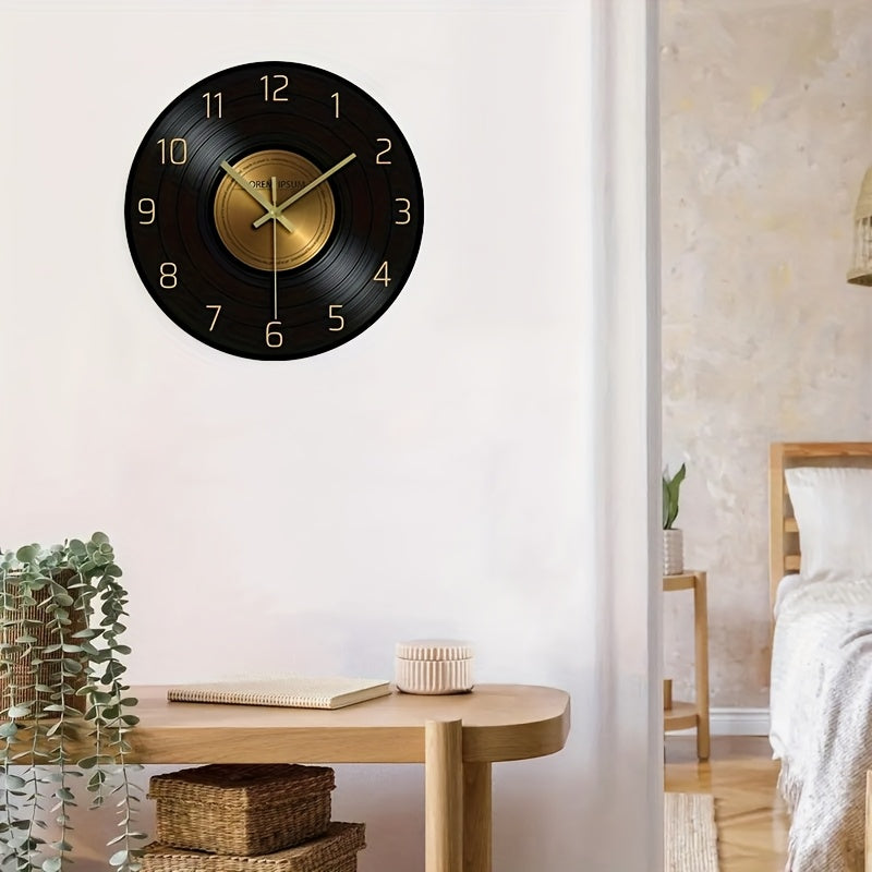 12-inch Glass Silent Wall Clock, Inspired by Vinyl Records - Black and Golden, Suitable for Living Room, Bedroom, and Office Decor | Elegant Timer, Battery Not Included, Office Wall Clock | Decorative Hanging Clock | Silent M