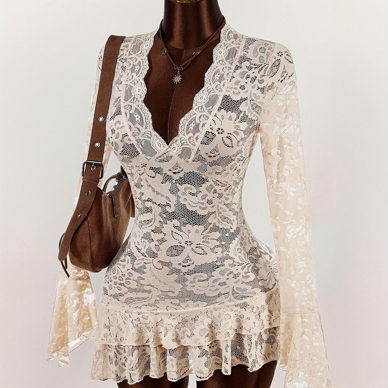 Bohemian Style - Low-Cut Mini Dress - with Sheer Fabric