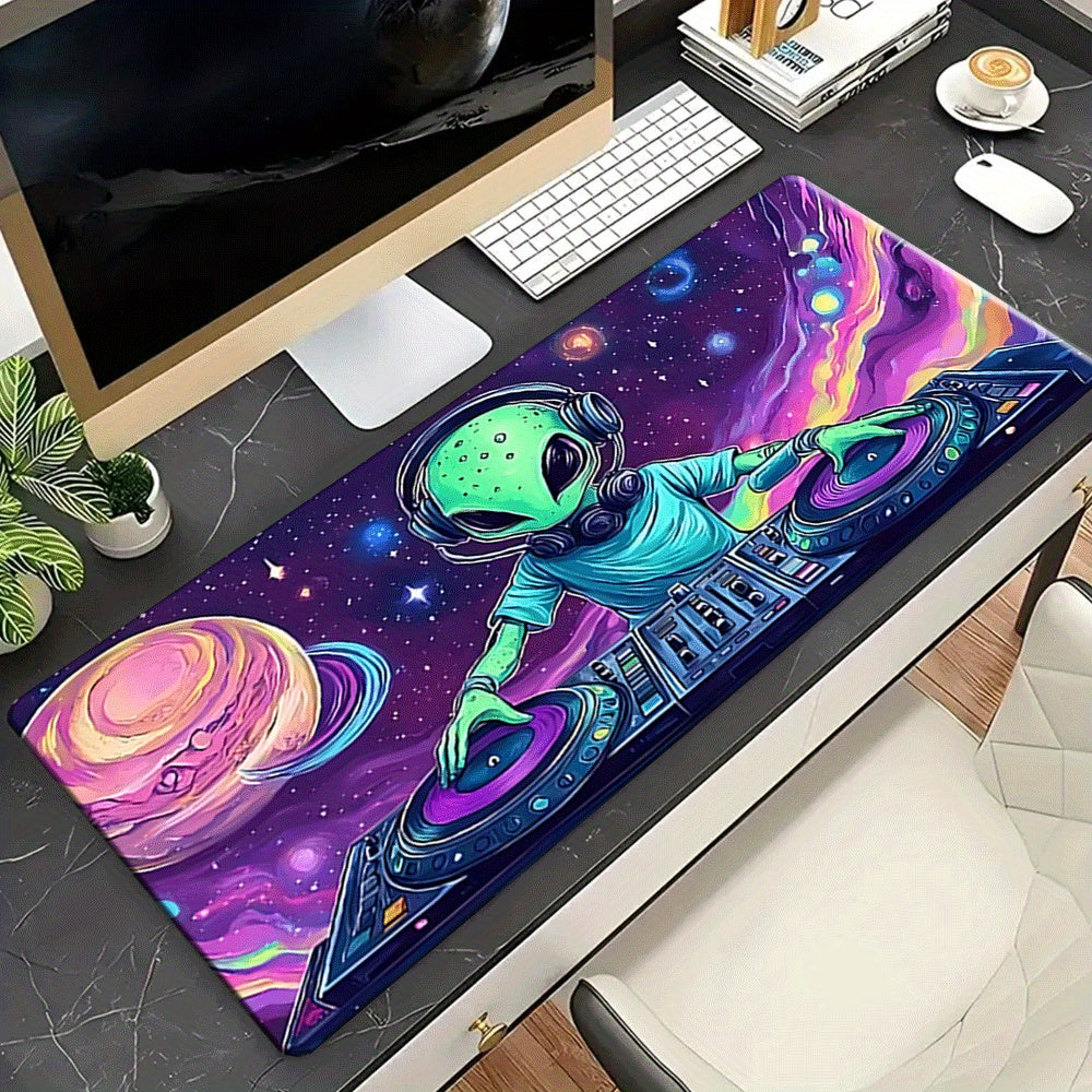 1pc Extra-Large Gaming & Office Desk Mat - Alien DJ Design with Spinning Board, Non-Slip Surface, Soft Touch, Large Rectangular Mouse Pad for PC, Laptop, Gaming Setup - Ideal For Gamers, Office Workers, Abstract Art Style, Sm
