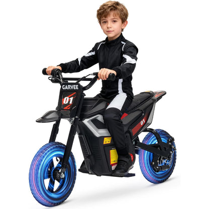24V 350w Kids Motorcycle, 13. 67 Mph Max Speed Kids Electric Bike, Dirt Bike with Rear Wheel Suspension, Music, 12 Miles Range, Twist Grip Throttle, Metal Suspension, Rubber Tire, Leather Seats