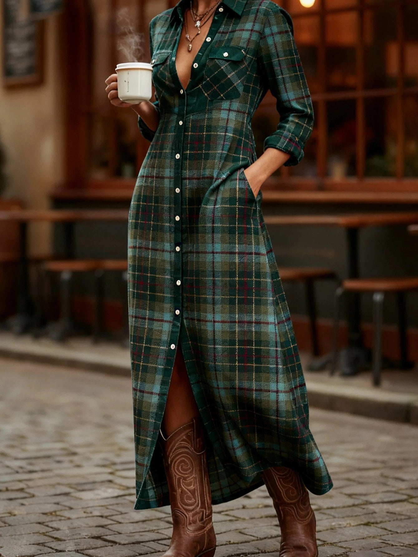 HERTALKA Fashionable Women's Dress with a Retro Checkered Long-sleeved Style