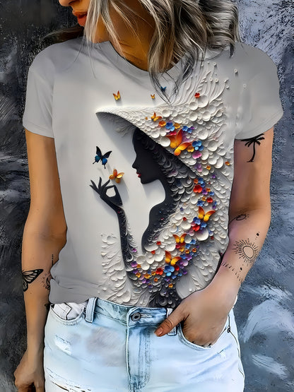 Plus-Size Women's Lightweight Breathable Stretchy Short Sleeve Crew Neck T-Shirt - Vibrant 3D All-Over Print Casual Summer Top, Machine Washable Daily Wear Tee, Butterfly Floral Design, Comfortable Fit Shirt