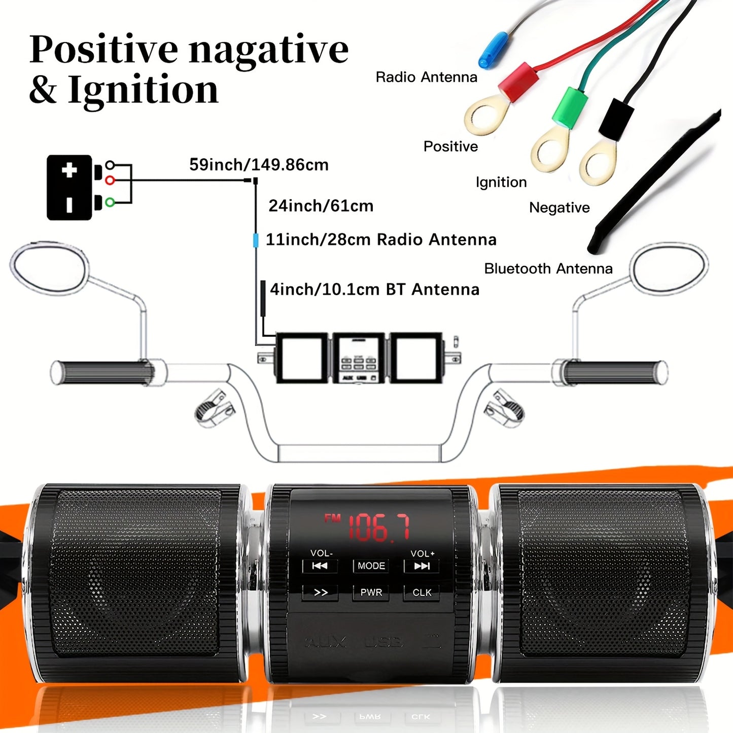 Wireless Motorcycle Audio - Motorcycle ATV Stereo Speakers - Handlebar Mount MP3 Music Player Audio Amplifier - AUX-in, USB, TF card, FM Radio