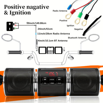 Wireless Motorcycle Audio - Motorcycle ATV Stereo Speakers - Handlebar Mount MP3 Music Player Audio Amplifier - AUX-in, USB, TF card, FM Radio