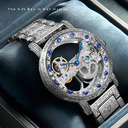 1pc Youth Men's Silvery Steel Strip Gorgeous Style Exquisite Double sided Hollow Perspective Fully Automatic Mechanical Watch