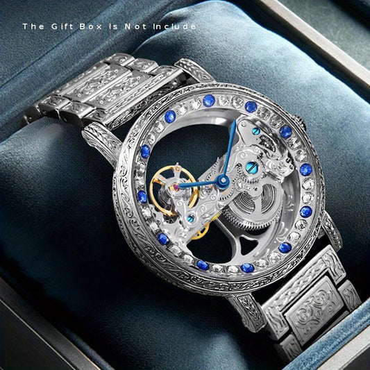 1pc Youth Men's Silvery Steel Strip Gorgeous Style Exquisite Double sided Hollow Perspective Fully Automatic Mechanical Watch