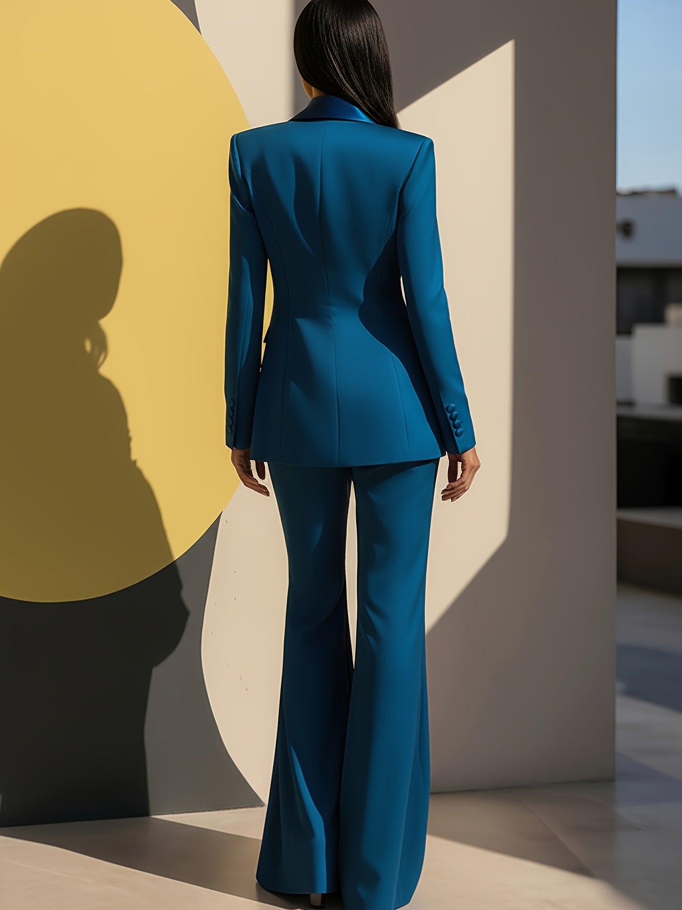 Women' 2pcs Suit: Bright Blue Double-Breasted Blazer & Flared Pants - Vintage Elegant Tailoring Matching Outfit, Hand Washable Suit for Weddings, Business Events, Year-Round Wear (No Included) - Spring/Summer Professional Att
