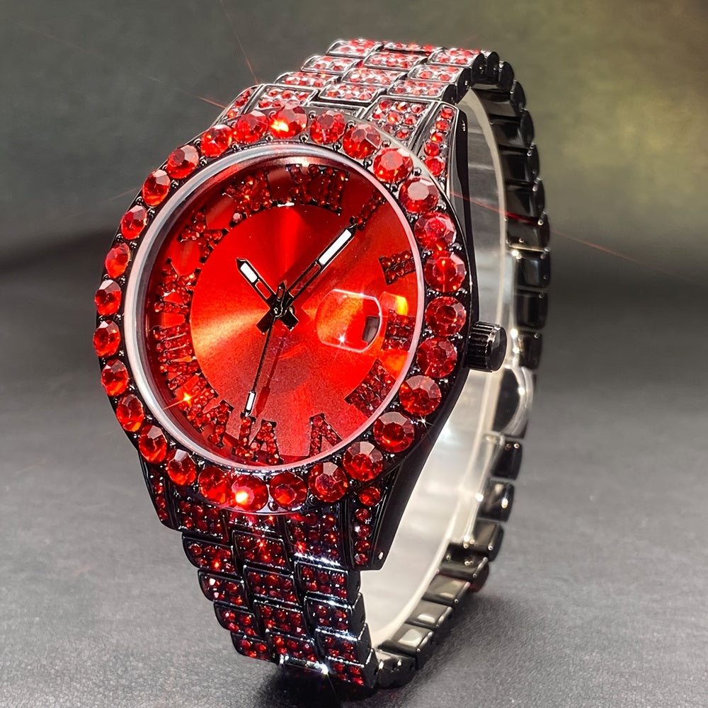 MISSFOX Luxury Rhinestone Couples Watch Compatible for - Ice Blue & Red Luminous Analog/, Calendar Chronograph (No Chronograph), Quartz Movement Wristwatch for Men & Women, Party & Casual Attire - Ideal Gift, Zinc Alloy Case/