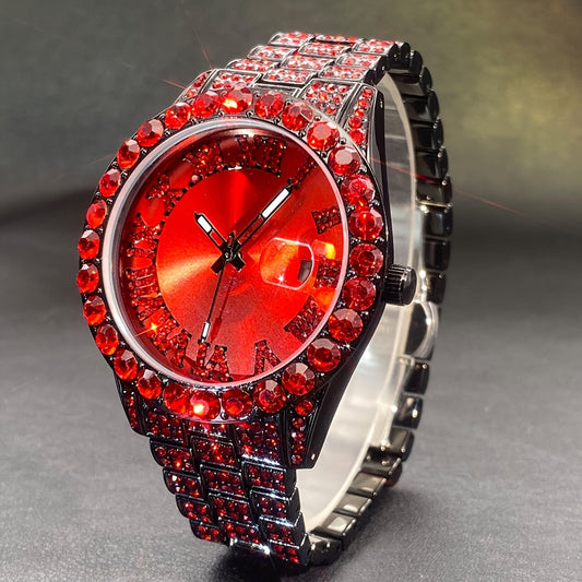 MISSFOX Luxury Rhinestone Couples Watch Compatible for - Ice Blue & Red Luminous Analog/, Calendar Chronograph (No Chronograph), Quartz Movement Wristwatch for Men & Women, Party & Casual Attire - Ideal Gift, Zinc Alloy Case/