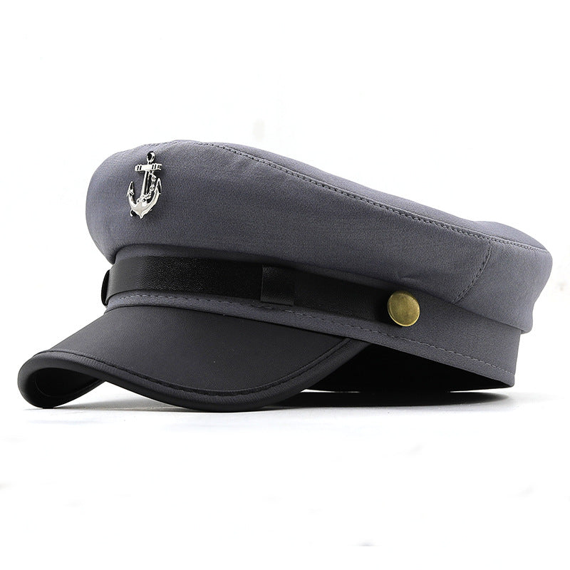 Women's Nautical Anchor Beret Hat - Red & Black Yacht with White Anchor Emblem, Adjustable Buckle Closure, Large Head Size for Face, All-Season Lightweight French-Style for Sailing, Parties & Maritime Events