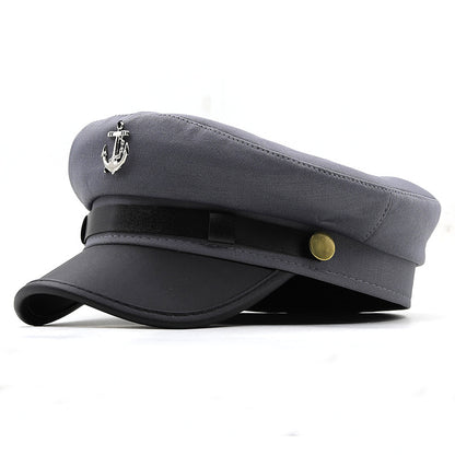 Women's Nautical Anchor Beret Hat - Red & Black Yacht with White Anchor Emblem, Adjustable Buckle Closure, Large Head Size for Face, All-Season Lightweight French-Style for Sailing, Parties & Maritime Events