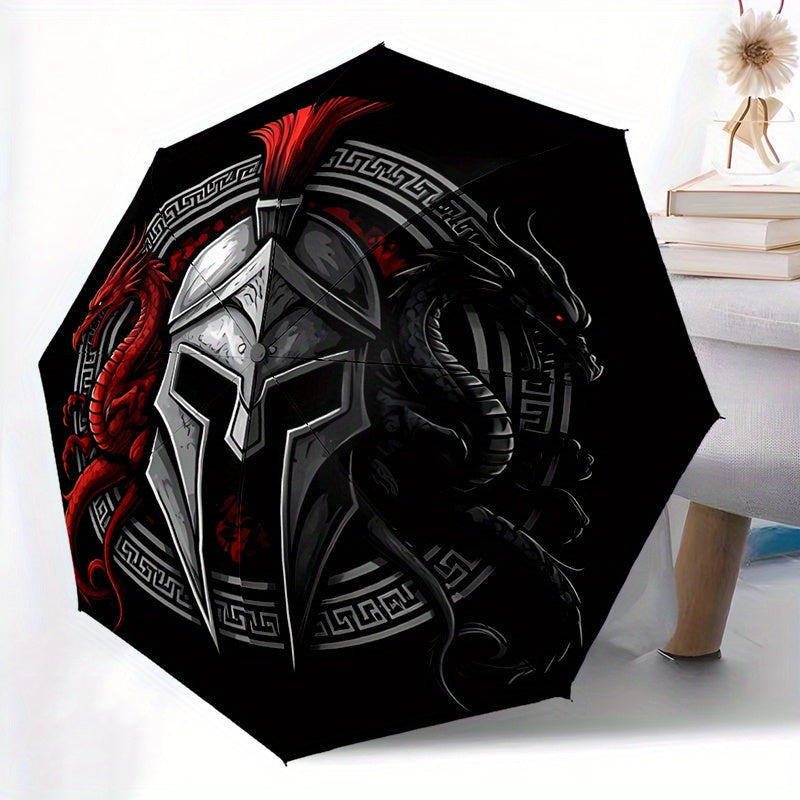 Spartan Warrior 2 Automatic Folding Umbrella - 8-Rib Durable Windproof Design, Portable Travel Umbrella with Red & Black Spartan Warrior Artwork, Ideal Gift for Men, Travel Umbrella, Gift Item, Bold Graphic Design, Sturdy Con