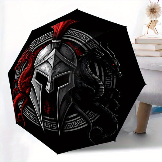 Spartan Warrior 2 Automatic Folding Umbrella - 8-Rib Durable Windproof Design, Portable Travel Umbrella with Red & Black Spartan Warrior Artwork, Ideal Gift for Men, Travel Umbrella, Gift Item, Bold Graphic Design, Sturdy Con