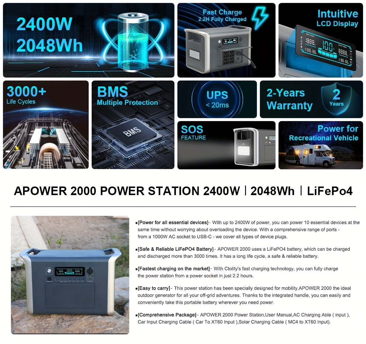 CTOLITY AP2000 2400W Solar-Powered Portable Power Station | 2048Wh LiFePO4 Battery, 2x200W Solar Panels, 110V Pure Sine Wave AC Outlets | Compact & Durable Design for Camping, RV, Hunting, CPAP, Outdoor Emergencies, Hunting P