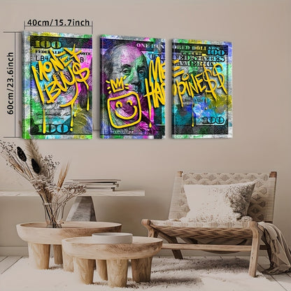 3-Panel Money Wall Art with Graffiti "Money Bus My Happiness" Design - 100 Dollar Bill Canvas Print on Recycled Wood Frame, Vibrant Inspirational Decor for Living Room, Bedroom, Home Office - Ready to Hang, Wall Hanging Decor