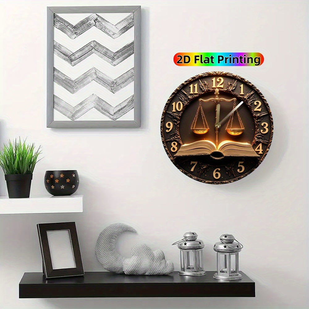 Modern Round Wall Clock with Lady Justice Design - Quartz Movement Silent Sweep, Face & Hands, Elegant Minimalist Style for Bedroom, Living Room, Dorm, Bathroom Decor - Battery- (AA Not Included) - Perfect