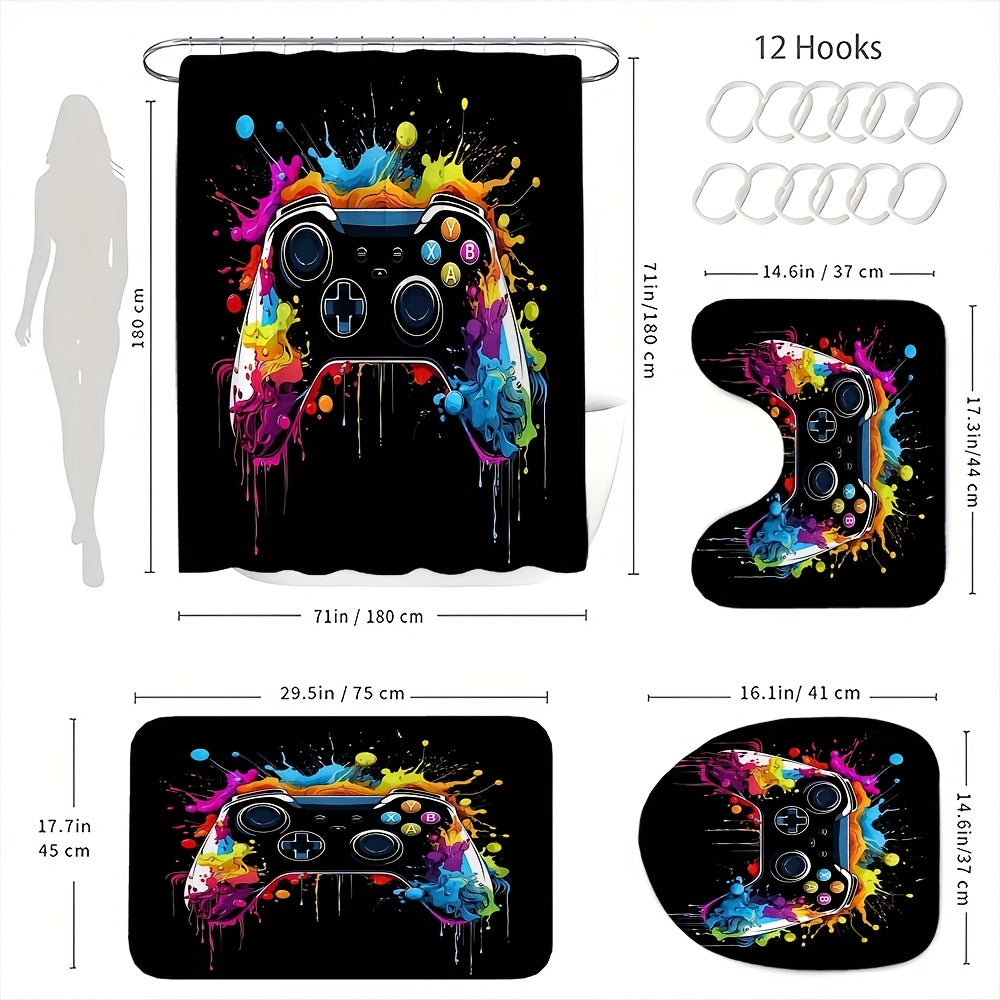 1/4pcs Game Controller Pattern Shower Curtain Four Piece Set, Including Waterproof Shower Curtain, Anti Slip Floor Mat, Toilet Seat Cover, And U-shaped Mat Shower Curtain Set, Twelve Hooks, Bathroom Accessories, Holiday Gifts