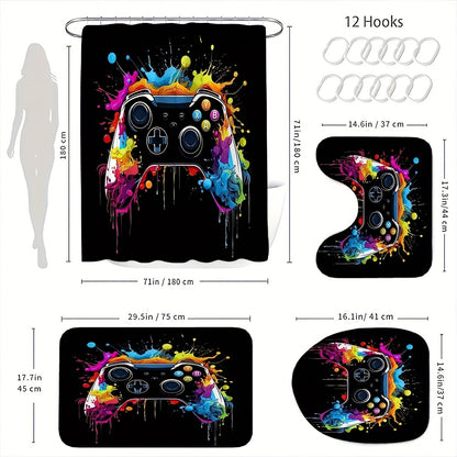 1/4pcs Game Controller Pattern Shower Curtain Four Piece Set, Including Waterproof Shower Curtain, Anti Slip Floor Mat, Toilet Seat Cover, And U-shaped Mat Shower Curtain Set, Twelve Hooks, Bathroom Accessories, Holiday Gifts