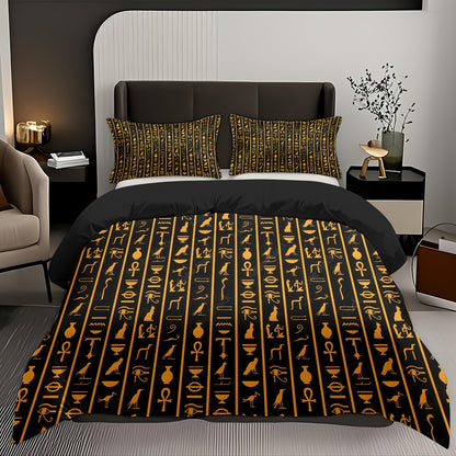 3pcs Egyptian Hieroglyphs Duvet Cover Set - Soft High-Definition Digital Print, Black And Golden Design, Breathable 100% Polyester, All-Season Use, Perfect Gift for Family And Friends, Machine Washable (1 Duvet Cover + 2 Pill