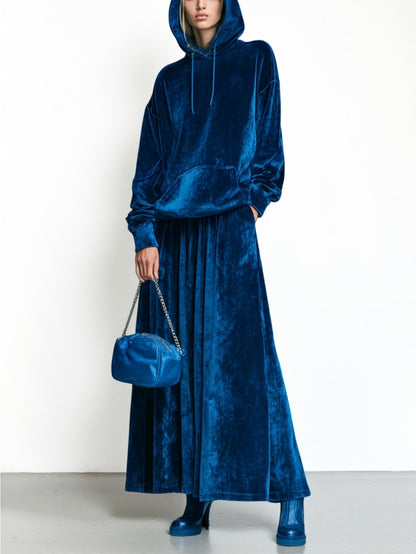 Dark Blue Hooded Drawstring Oversized Top + Long Flared Maxi Skirt Women'S Suit Set | Sophisticated Elegant Lazy Casual Style for Fall/Winter Daily Outings, Light Social Occasions & Date Gatherings