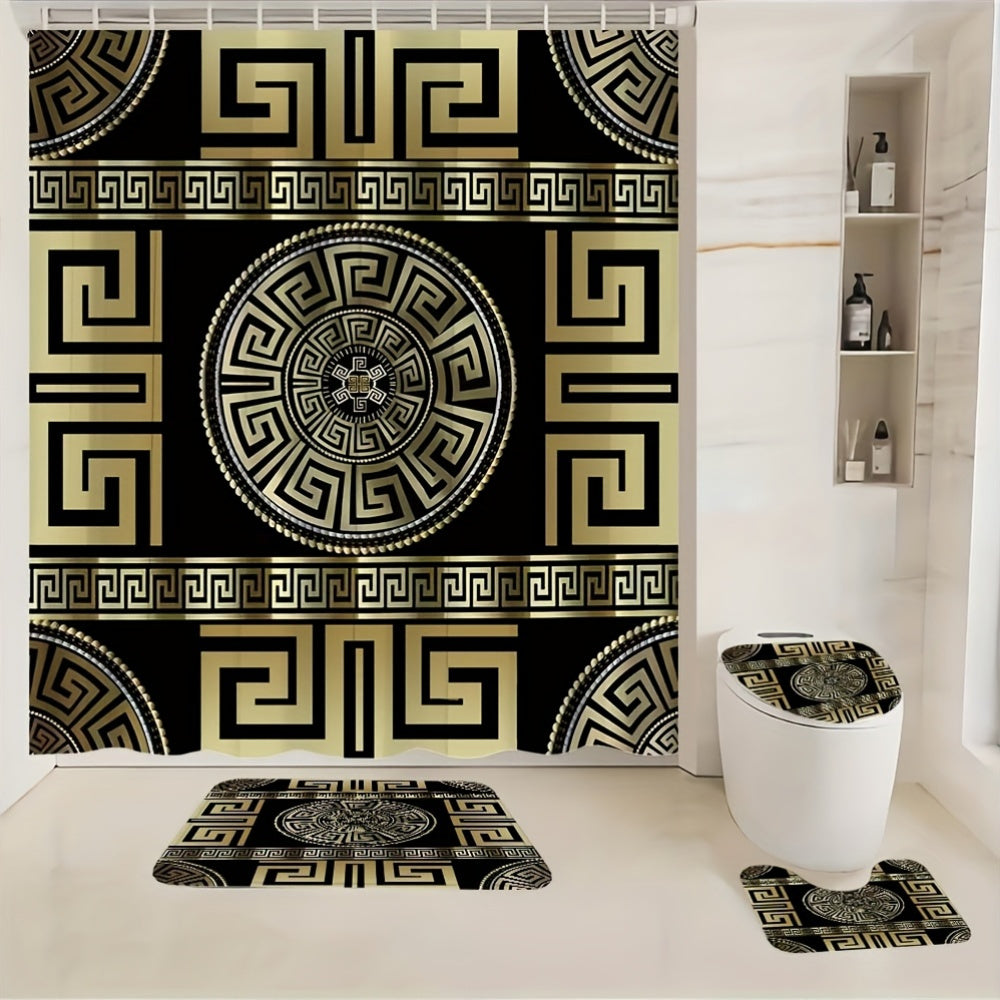 1/4pcs Golden Glitter, Geometric Pattern Bathroom Set, High Quality and Multifunctional Shower Curtain with 12 Hooks, Nonslip Bathroom Mat, Ushaped Toilet Mat, Toilet Seat Mat, Bathroom Decoration, Bathroom Partition, Room De