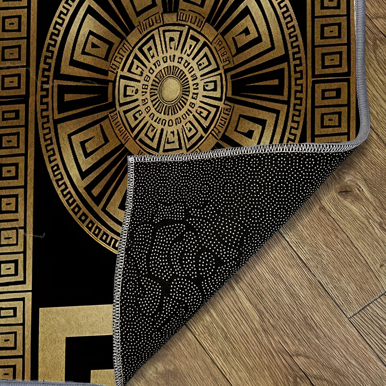 Black and Golden Greek Pattern Mat, Soft and Durable, Machine Washable and Easy to Clean, Lightweight, Soft, Comfortable, High-end Velvet + 7mm Thickness + Non-slip Backing + Over 800g per square meter, Kitchen Mat, Living Ro