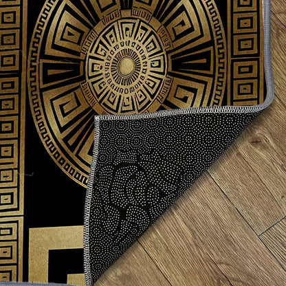 Black and Golden Greek Pattern Mat, Soft and Durable, Machine Washable and Easy to Clean, Lightweight, Soft, Comfortable, High-end Velvet + 7mm Thickness + Non-slip Backing + Over 800g per square meter, Kitchen Mat, Living Ro